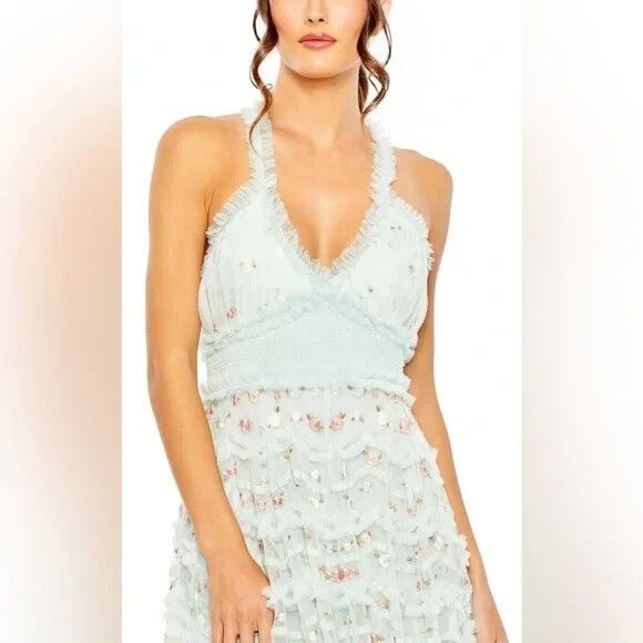 NWT $798 Mac‎ Duggal 8037 Halter Neckline Ruffle Floral Gown Blue NWT - Picture 8 of 10
